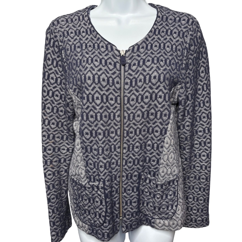 ROSIE NEIRA Navy Blue Geometric Zip Cardigan Sweater Sz L Coastal Casual Preppy